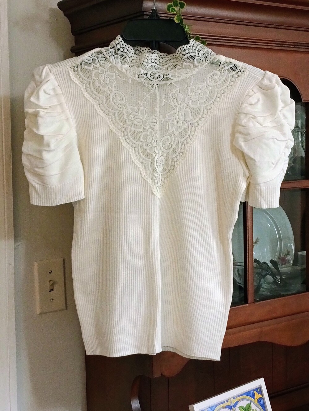NWOT Almost Famous White Lace Neck Short Puffed Sleeve Ribbed Sweater (M-L)